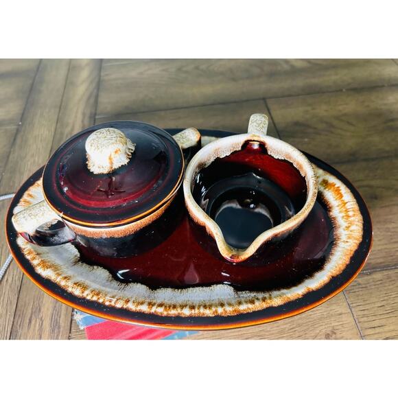 Vintage Pfaltzgraff USA Ceramic Cream & Sugar Set with Tray – Brown Glaze- 1970s - Picture 3 of 3